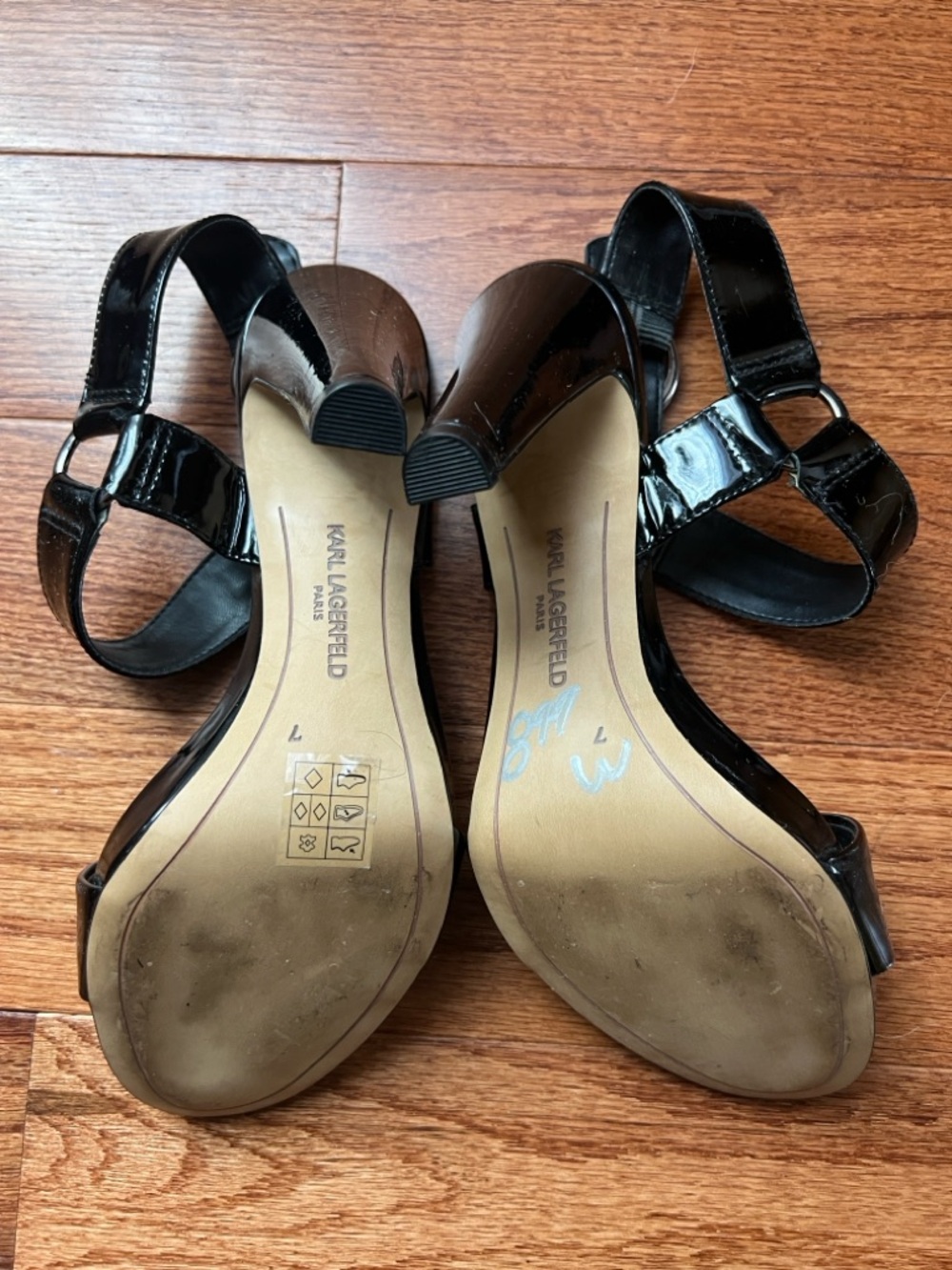 Karl Lagerfeld Black Patent Ankle-Strap Stiletto Sandals - Picture 10 of 15